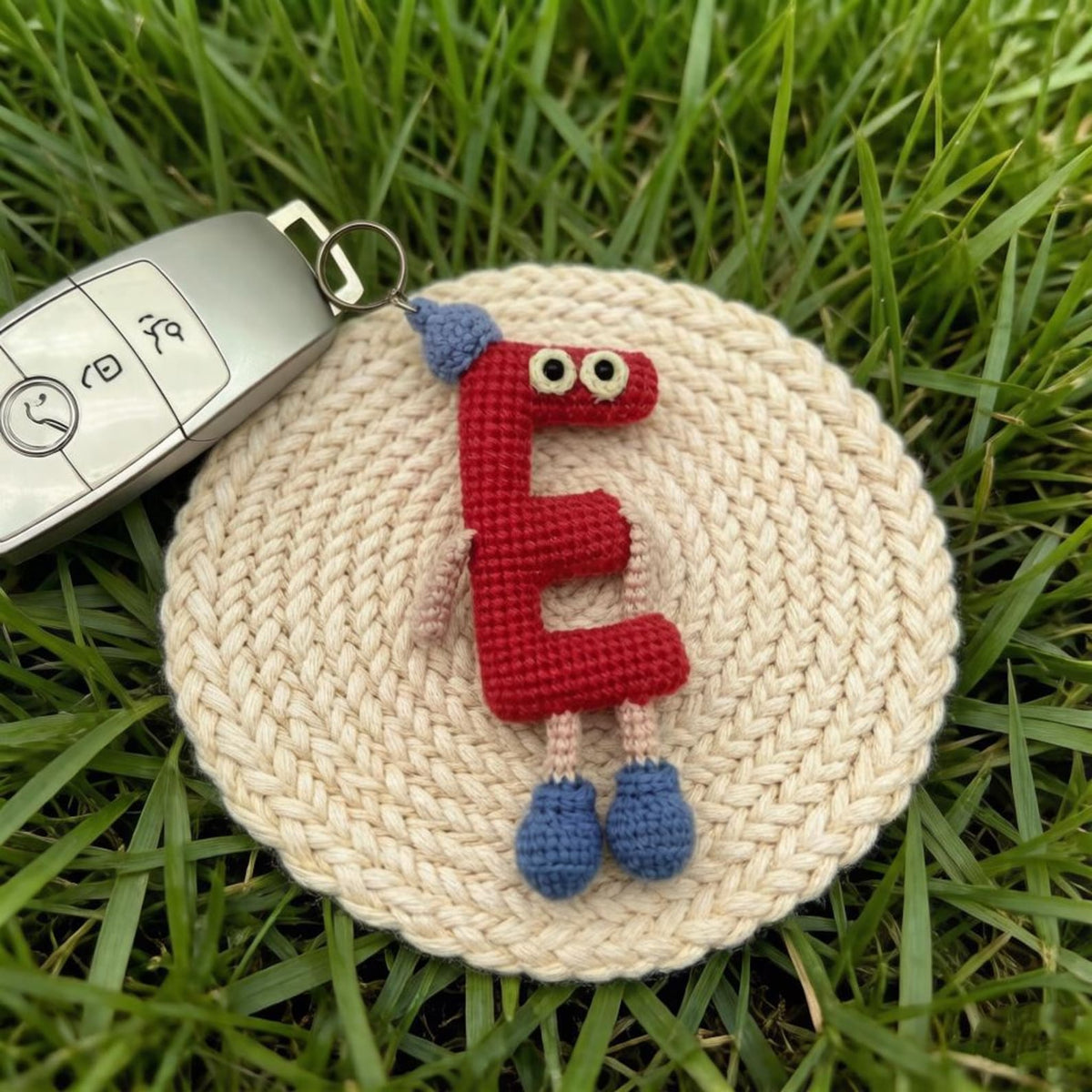 Artisan woven uppercase E charm, rucksack ornamental trim, imaginative birthday memento, paired romantic keepsake, Yuletide pack adornment