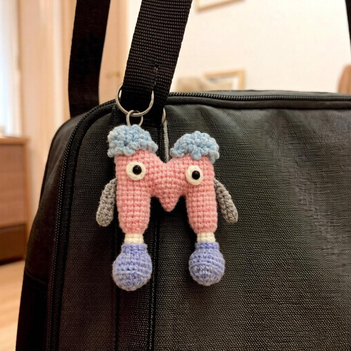 Artisan wool knit letter M charm figurine, keyring trinket, sack adornment, paired monogram key dangling piece, Yuletide tote embellishment