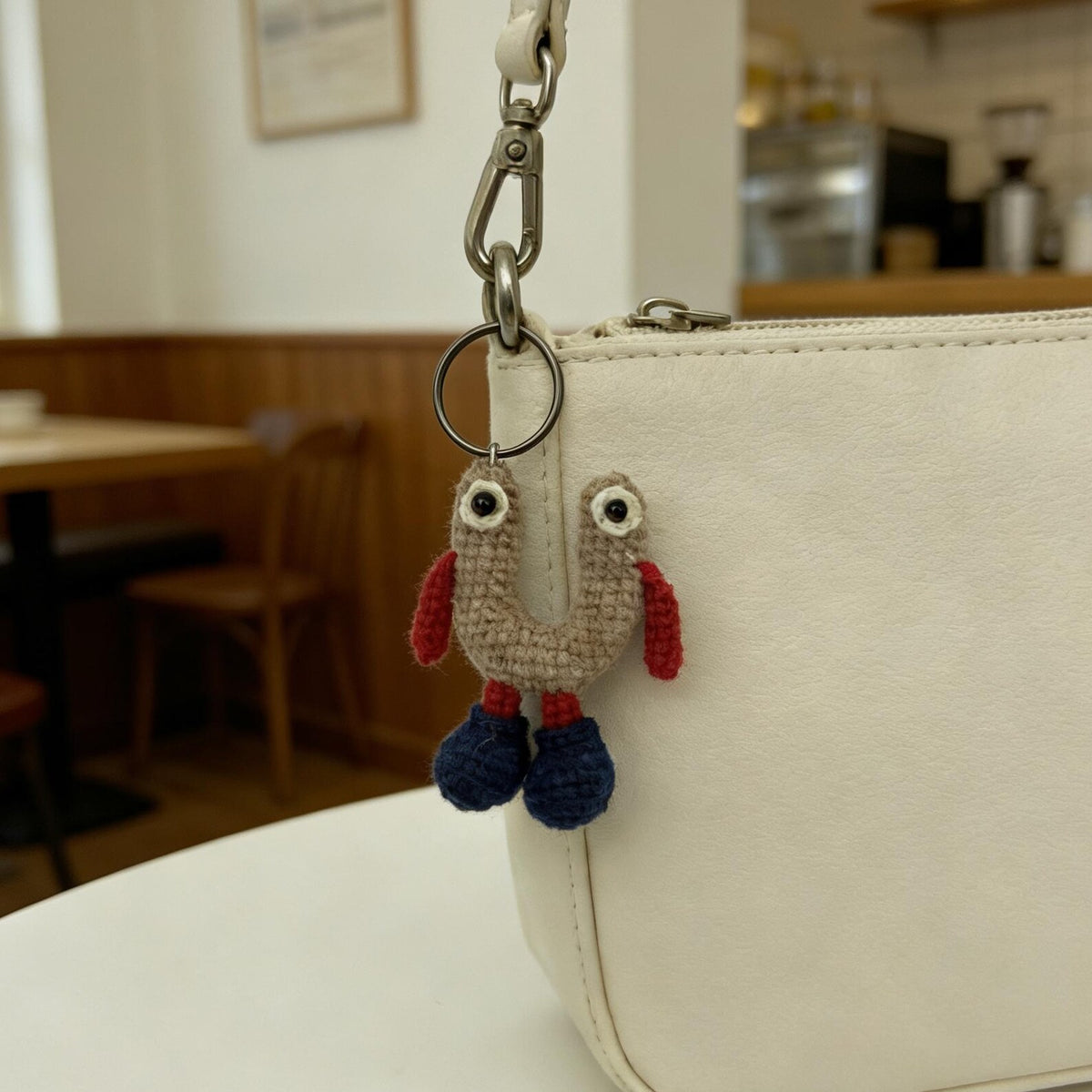 Artisan wool crochet capital U charm, keyring ornamental trim, sack adornment, paired monogram dangling trinket, Yuletide tote embellishment