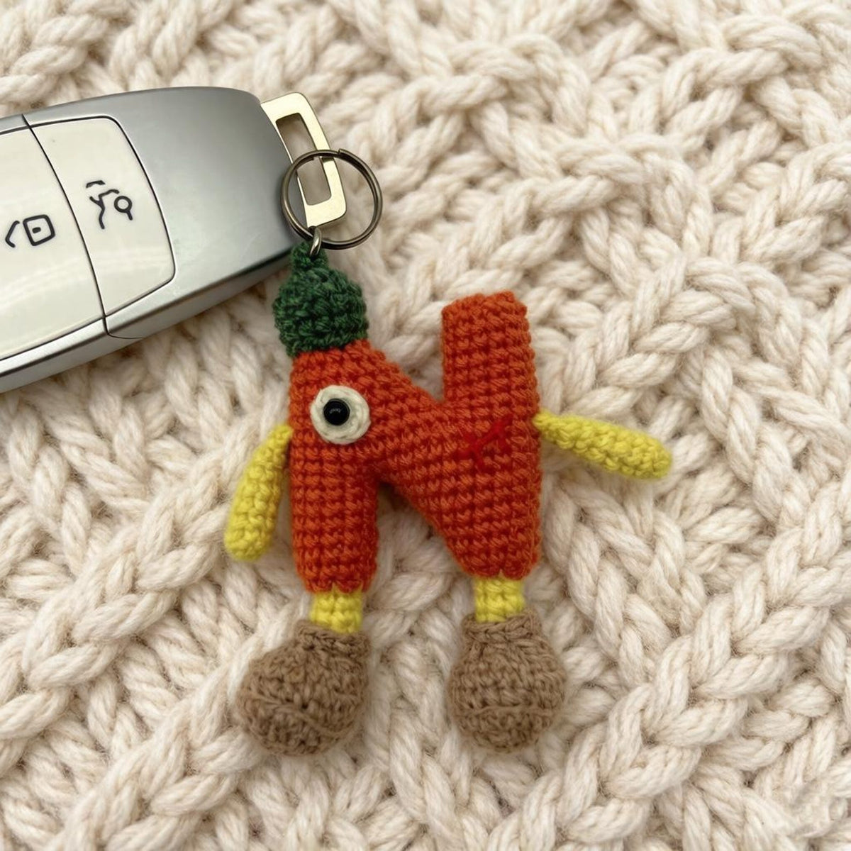 Artisan wool knit letter N charm figurine, keyring trinket, sack adornment, paired monogram key dangling piece, Yuletide tote embellishment