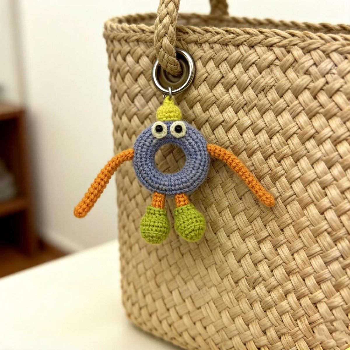 Artisan wool knit letter O charm figurine, keyring trinket, sack adornment, paired monogram key dangling piece, Yuletide tote embellishment