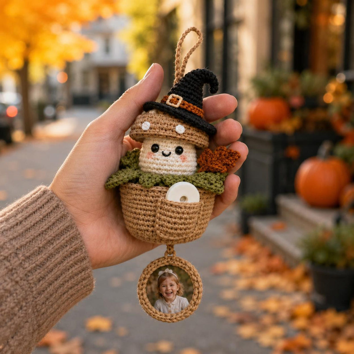 Personalized Crochet Halloween Car Hanging, Custom Photo Car Ornament, Car Air Freshener, Scent Tablet Holder, Cute Car Accessories