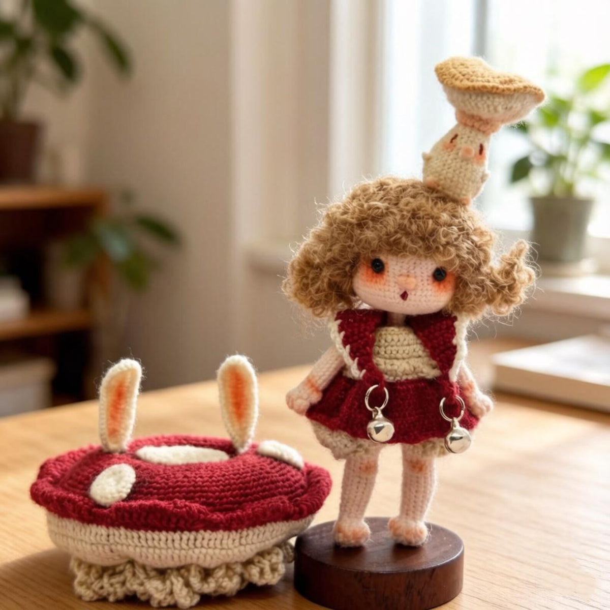 Hand Knit Mushroom Girl Figurine Tabletop Household Accents Vintage Curios Sentimental Tokens Celebration Mementos Christmas Festive Goods