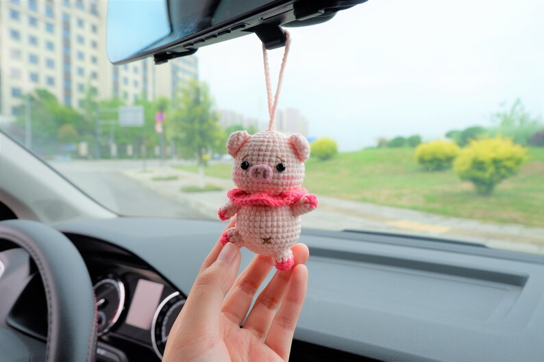 Crochet Pig Car Mirror Hanging, Kawaii Animal Car Accessory