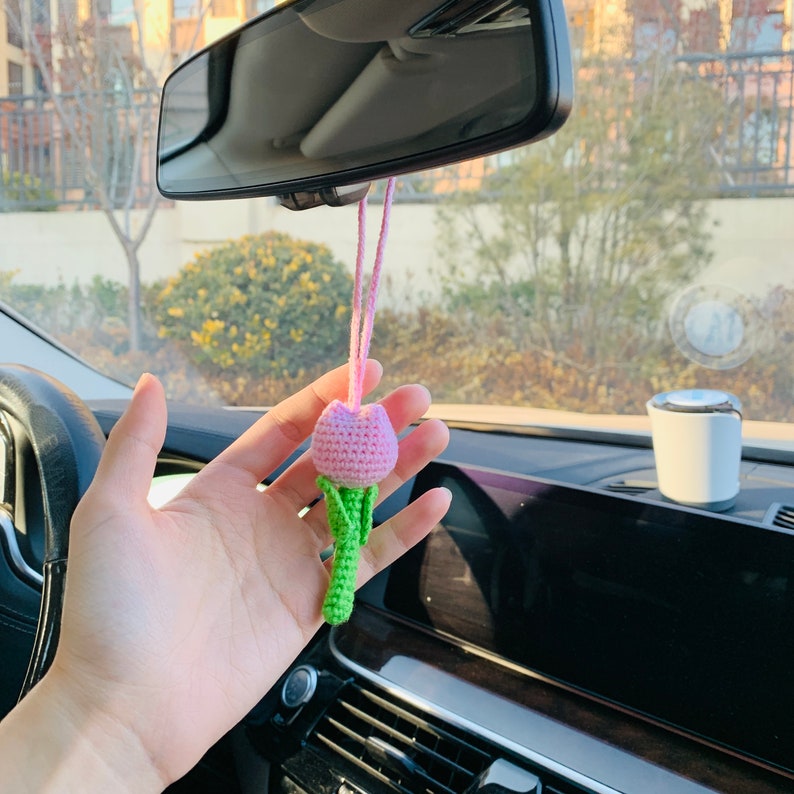 Cute Tulip Car Mirror Hanging Flower Decor Teens Interior Rear View Mirror Accessories for Women Charm Fruit
