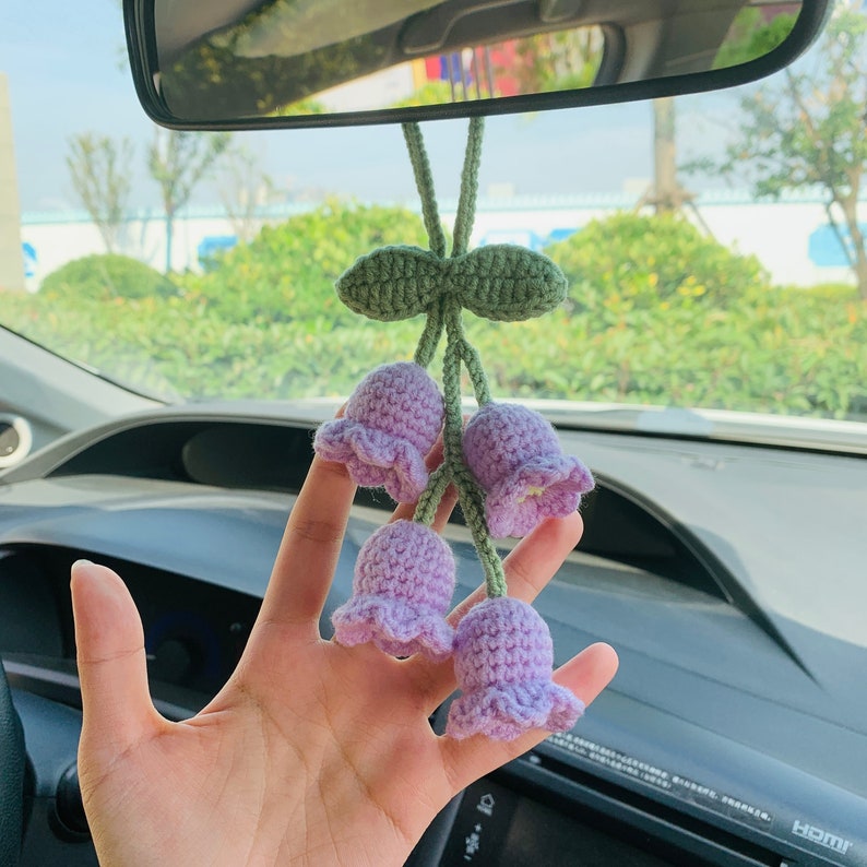 Handmade Cute Car Mirror Hanging Lily of the valley flower Interior Rear View Mirror Flower Car Accessories Crochet Toy for Women