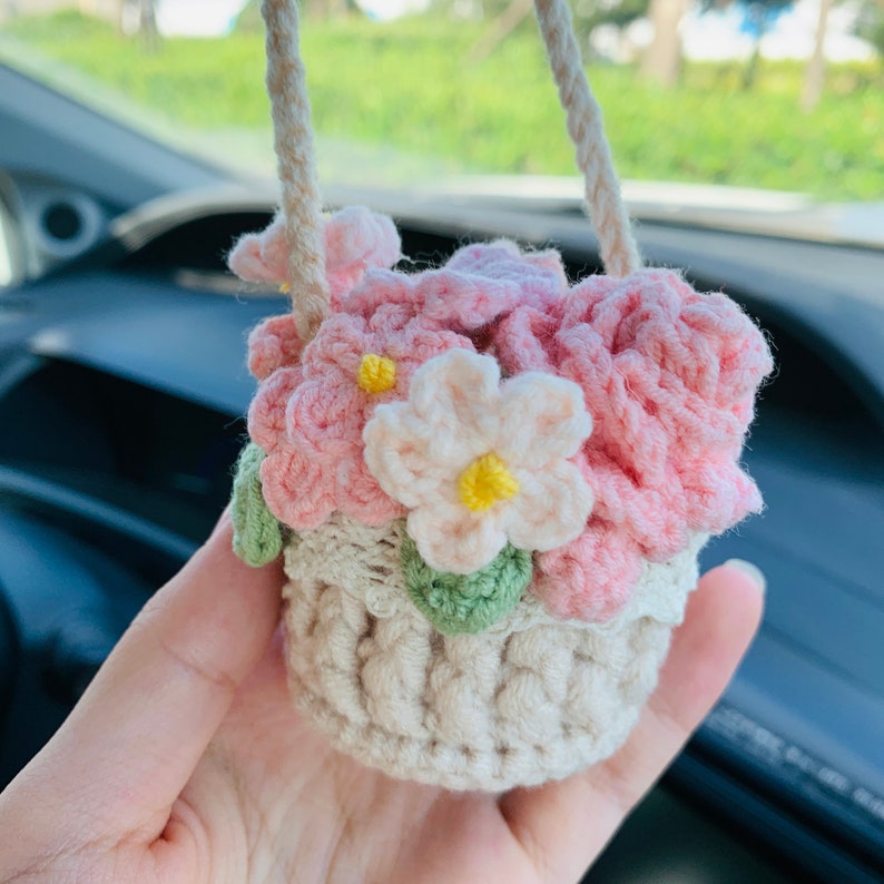 Cute Car Mirror Hanging mini rose flower Interior Rear View Mirror Flower Car Accessories Crochet gift for car
