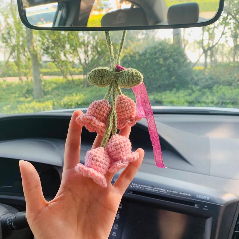 handmade Cute Car Mirror Hanging lily of the valley flower Interior Rear View Mirror Flower Car Accessories Crochet car gift