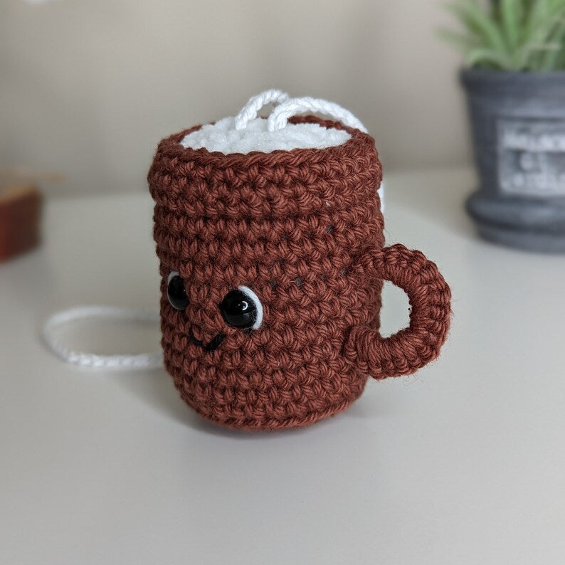 Crochet Cappuccino Coffee Mug Car Charm | Rearview Mirror Car Hanger
