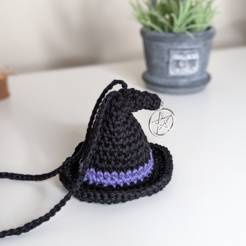 Crochet Witch Hat Car Charm with Pentacle, Halloween Ornament, Gothic Decor