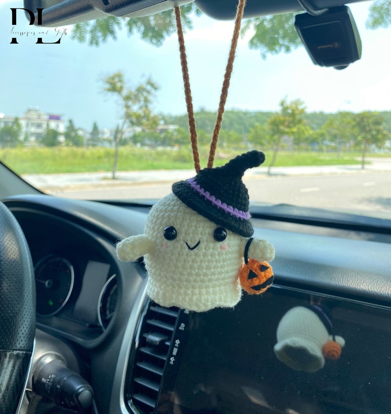 Crochet Ghost Car Charm, Halloween Hanging Ornament