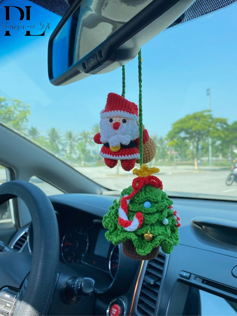Crochet Christmas Tree And Santa Car Charm, Cute Christmas Tree Santa Rear View Mirror Ornament, Christmas Car Decor Accessories