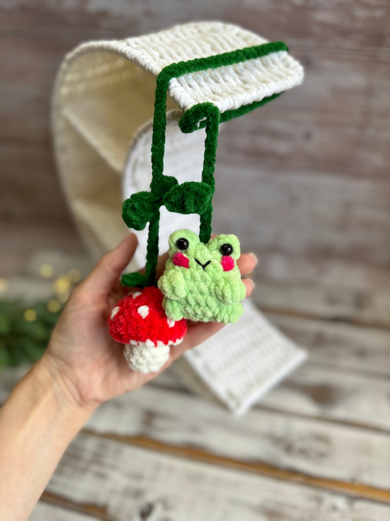 Crochet Frog & Mushroom Car Mirror Hanger, Rearview Mirror Decor, Car Charm
