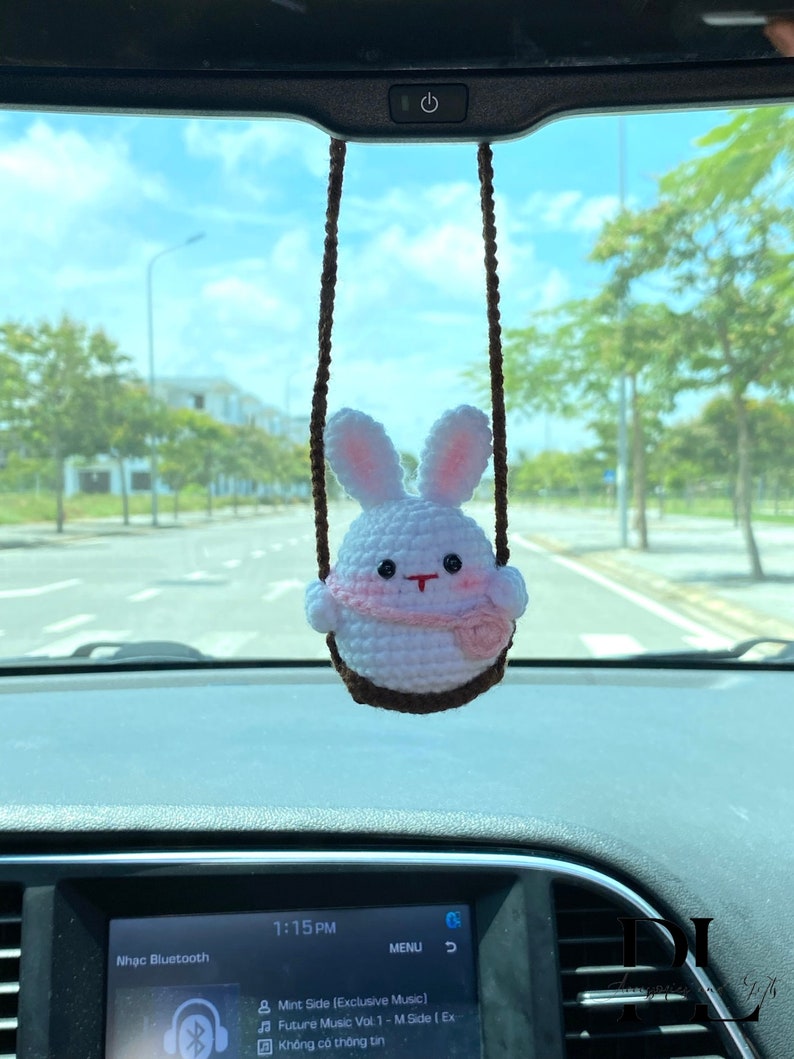 Cute Swinging Bunny Car Mirror Hanging Accessories, Crochet Rabbit Ornaments, New Car Gift Idea, Gift For Her, Car Decorations, Car charm