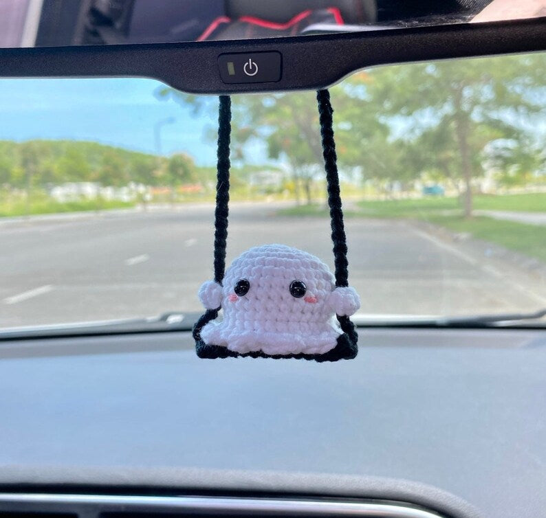 Crochet Ghost On A Swing Car Charm Spooky, Cute Ghost Swinging Rear View Mirror Ornament, Fall Halloween Car Accessories Halloween Car Decor
