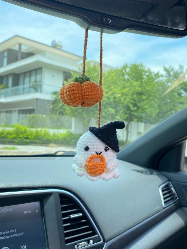 Crochet Ghost Car Accessories, Crochet Pumpkin Car Accessories, Car Mirror Hanger, Fall Car Ornaments, Halloween Car Decor