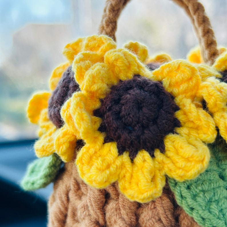 Handmade crochet Cute sunflower basket kawaii Car Mirror Hanging Charm Fruit Decor Teens Interior Rear View Mirror car Accessories for Women