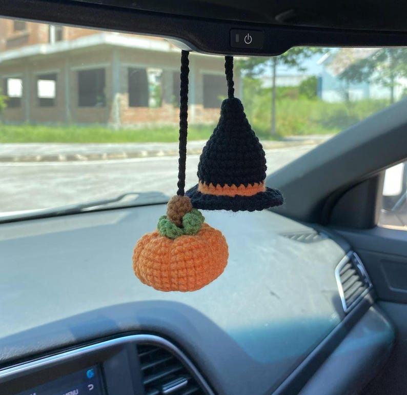 Crochet Witch Hat And Pumpkin Halloween Rear View Mirror Accessories Decoration, Pumpkin Plushie, Pumpkin Fall Car Decor, Halloween Gift