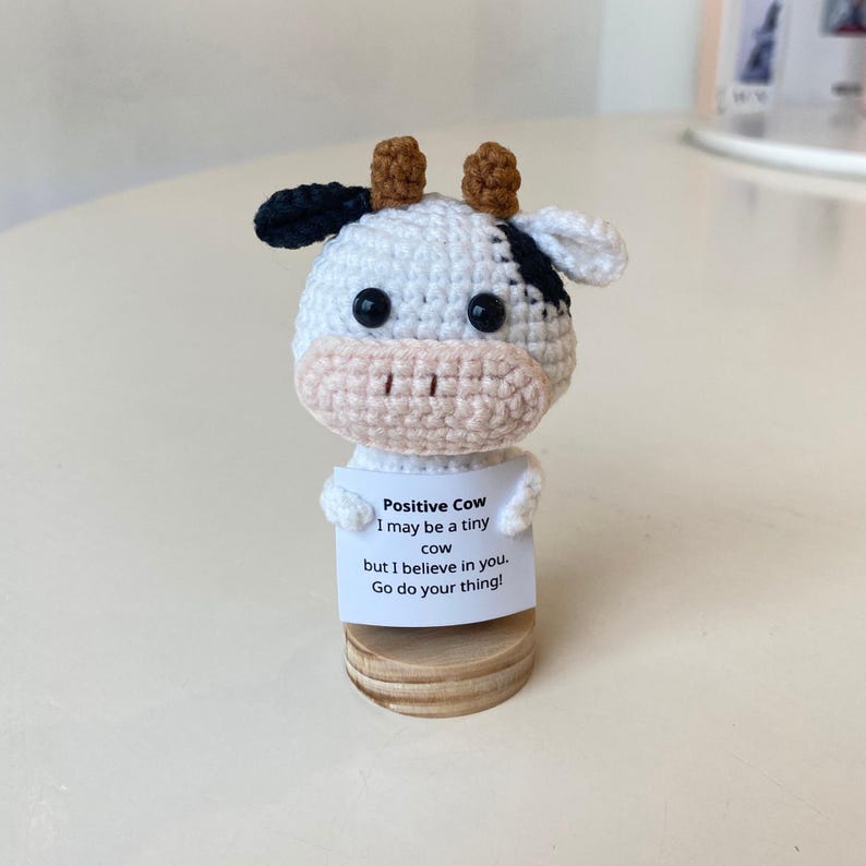 Handmade Crochet Cow Positive With Desk Decorations, Emotional Support Cow Plush, Birthday Gift, Gifts For Children, Interesting Gifts
