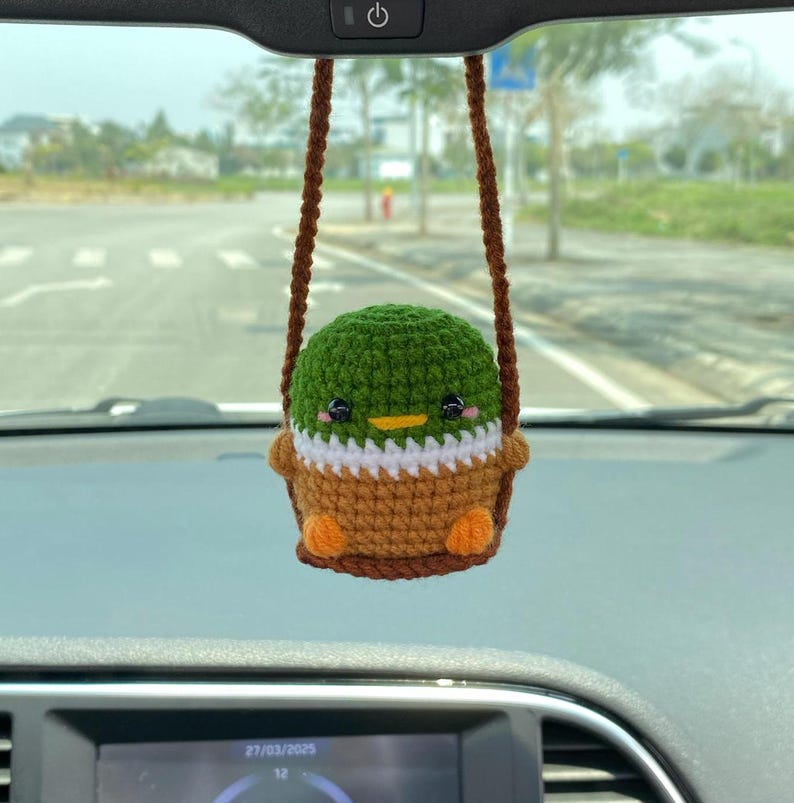 Cute Swinging Mallard Duck Car Mirror Hanging Accessories, Crochet Duckling Ornaments, New Car Gift, Gift For Him Her, Car Charm Decorations