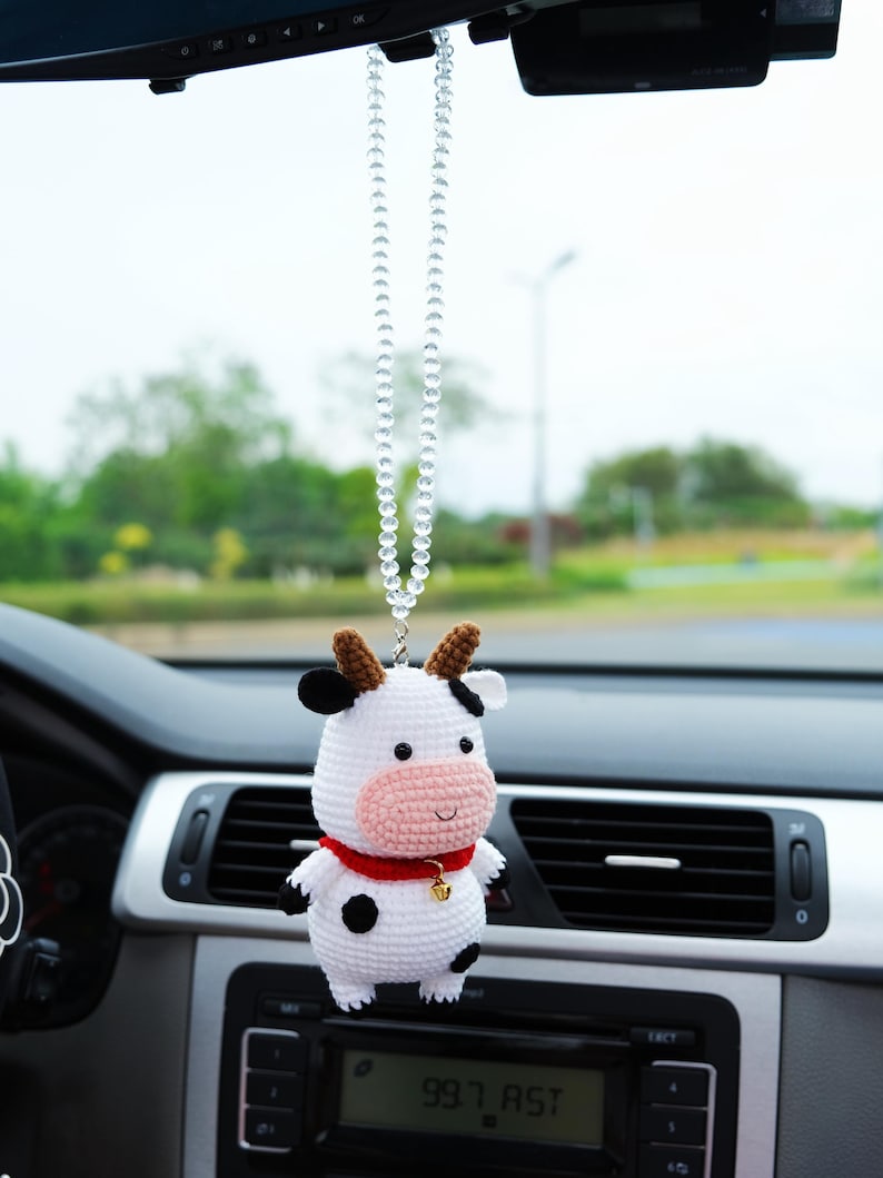 Crochet Cow Car Mirror Hanging Accessory, Cute Smiley Cow Car Rear View Mirror Accessory, Interior Car Accessory for Women/Teens/Couple