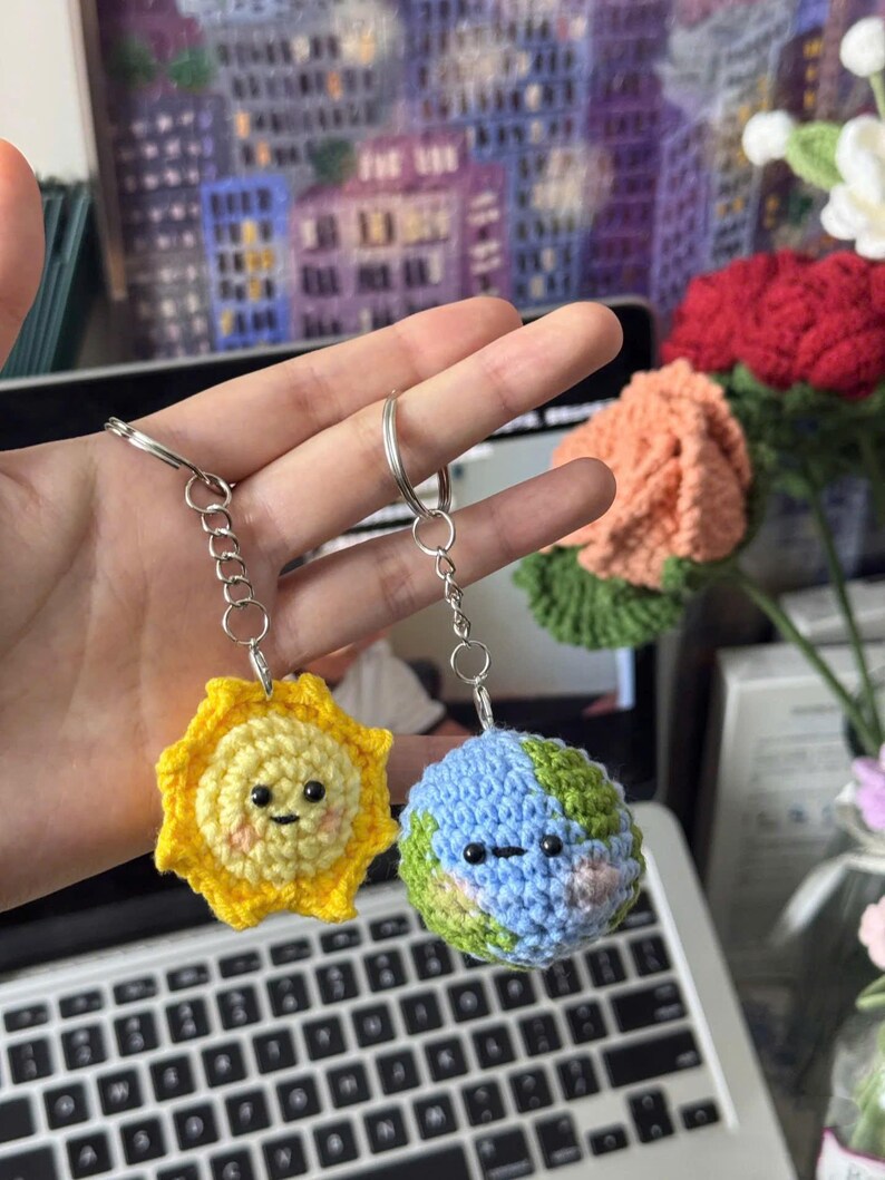 Crochet Sun and Earth Keychain Set: Amigurumi Planet Plush Bag Charm