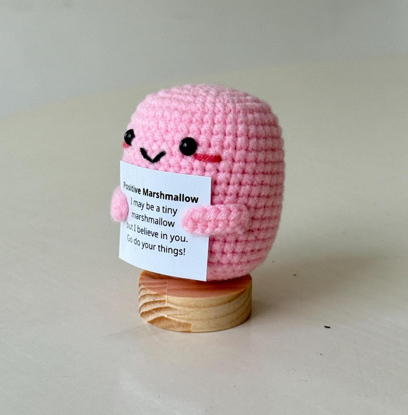 Funny Positive Marshmallow, Knitted Marshmallow Toy With Positive Card, Cute Wool Inspirational Marshmallow Crochet Food Doll Cheer Up Gifts