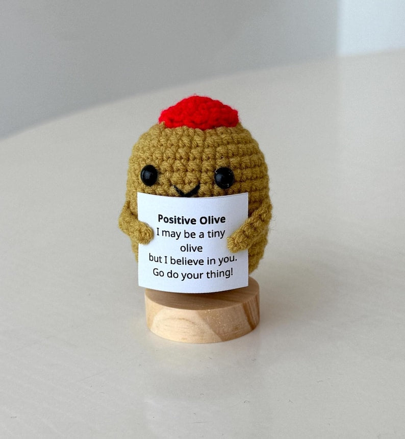 Funny Positive Olive, Knitted Olive Toy With Positive Card, Cute Wool Inspirational Olive Crochet Vegetable Fruit Doll Cheer Up Gifts