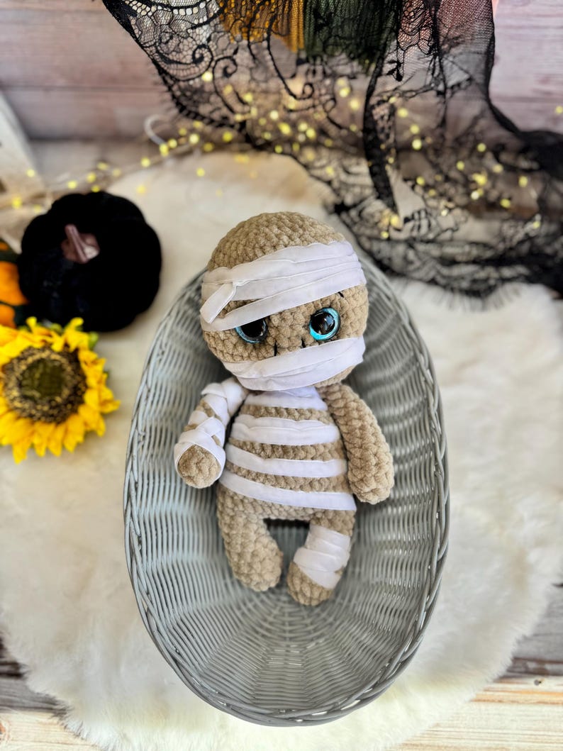 Crochet Mummy Plush, Halloween Decor, Amigurumi Mummy, Spooky Home Decor, Non Candy Trick or Treat Gift, Gothic Decor