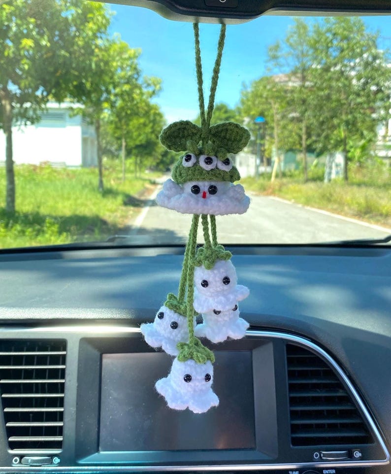 Halloween Ghost Car Charm Crochet, Cute Spooky Car Hanging Pendant, Amigurumi Gift For Halloween Decor, Car Ghost Hanger