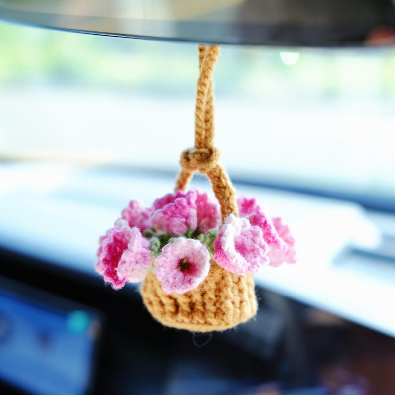 3 in 1 Crochet Flower Car Accessories: Lily of the Valley Car Mirror Hanging/Car Dashboard Decor/Car Coasters, Cute Car Accessory for Women