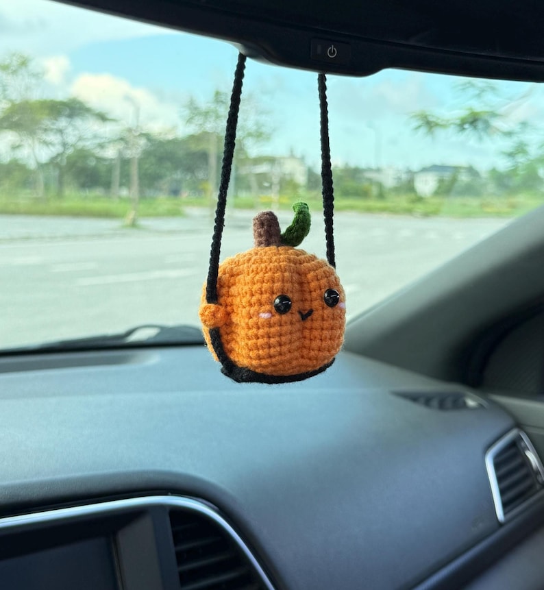 Crochet Pumpkin On A Swing Car Charm, Pumpkin Swinging Car Mirror Hanger, Pumpkin Plushie Fall Halloween Decor, Fall Halloween Car Accessory
