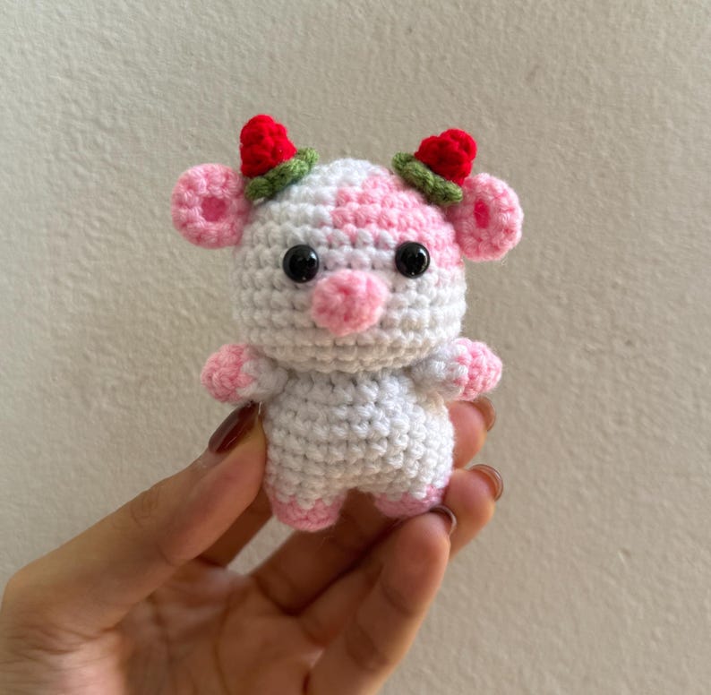 Crochet Strawberry Cow, Cute Mini Cow Plush, , Cow Amigurumi, Crochet Bag Charm, Crochet Keychain, Stuffed Animal