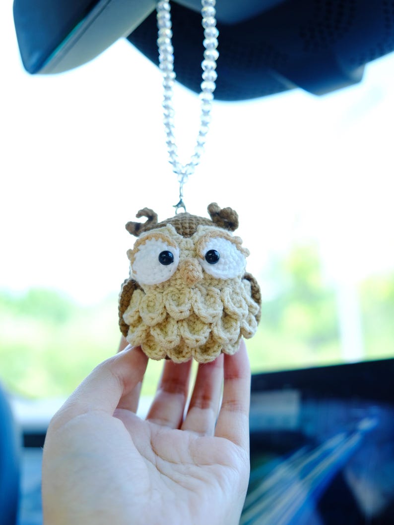 Crochet Owl Car Mirror Hanging Accessories, Night Owl Car Charm, Cute Car Interior Decor for Women Men Teens, Anime Car Accessories