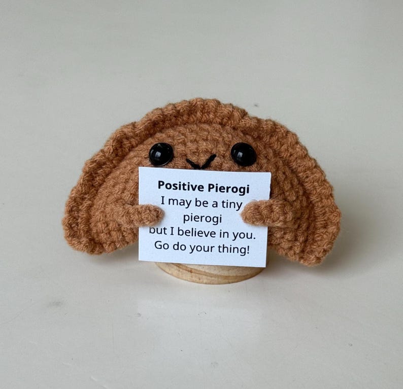 Positive Crochet Pierogi, Knitted Pierogi With Positive Card, Cute Wool Inspirational Pierogi Crochet Food Doll Cheer Up Gift, Birthday Gift