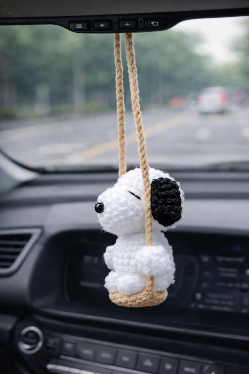 Crochet Pilot Beagle Car Charm, Rearview Mirror Hanging, Amigurumi Puppy Car Decor, Cute Plush Keychain, Gift for Her