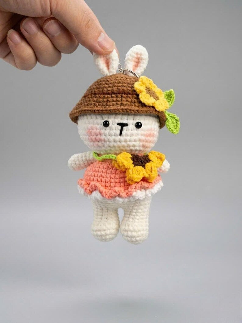 Cute Sunflower Bunny Crochet Doll Keychain - Amigurumi Rabbit Bag Accessory - Handmade Small Stuffed Animal - Unique Gift for Bunny Lovers