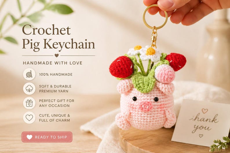 Crochet Pig Keychain with Strawberries & Daisies – Handmade Amigurumi Cute Animal Charm, Gift for Her, Kawaii Bag Charm, Mini Plush Keyring