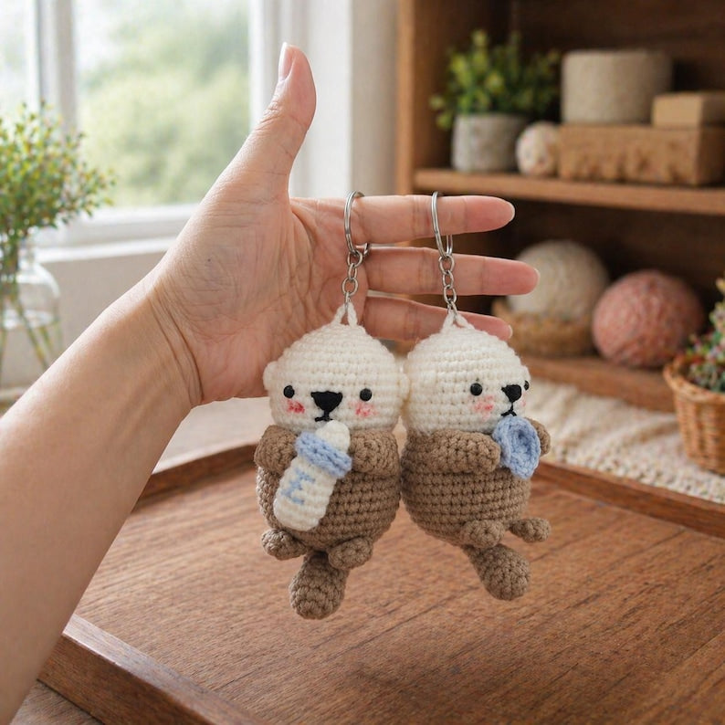 Crochet Sea Otter Plushie with Milk Bottle or Shell – Handmade Amigurumi Otter Keychain, Kawaii Animal Gift for Kids & Otter Lovers