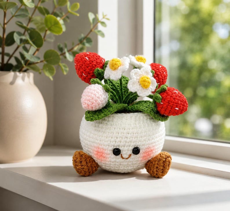 Smiling Strawberry Crochet Flower Pot, Handmade Kawaii Desk Decor, Cute Gift for Her, Birthday Gift, Anniversary Gift