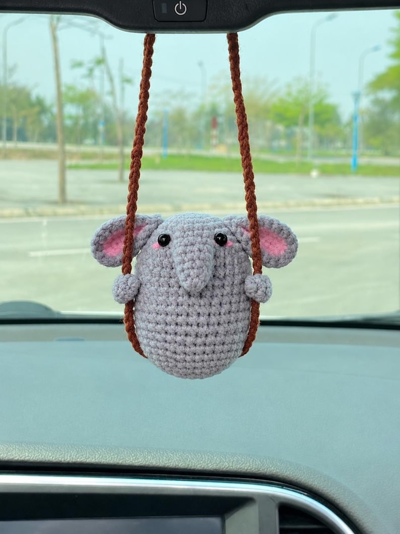 Crochet Swinging Elephant Car Mirror Hanging Accessories, Elephant Ornament, New Car Gift Idea, Gift For Her, Car Decorations, Car Charm