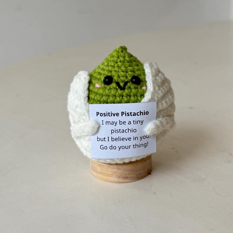 Positive Pistachio, Knitted Pistachio Toy With Positive Card, CWool Inspirational Pistachio Crochet Food Doll Cheer Up Gift, Birthday Gift