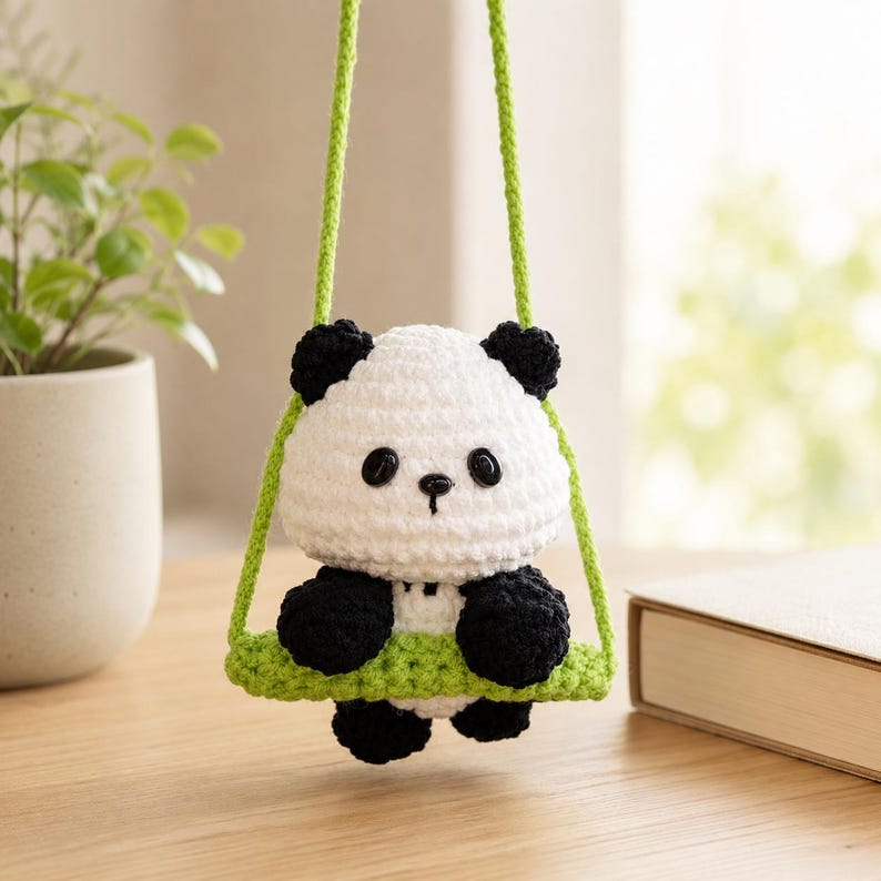 Handmade Crochet Panda Car Hanging Charm, Rearview Mirror Ornament, Cute Car Accessory, Small Gift for Her, Amigurumi Car Decor