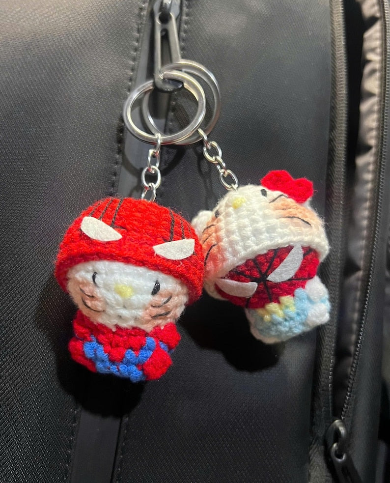 Red Gold Hero Kitty Crochet Keychain Set | Matching Couple Amigurumi Doll, Iron Style Masked Charm, Superhero Couple Gift for Her