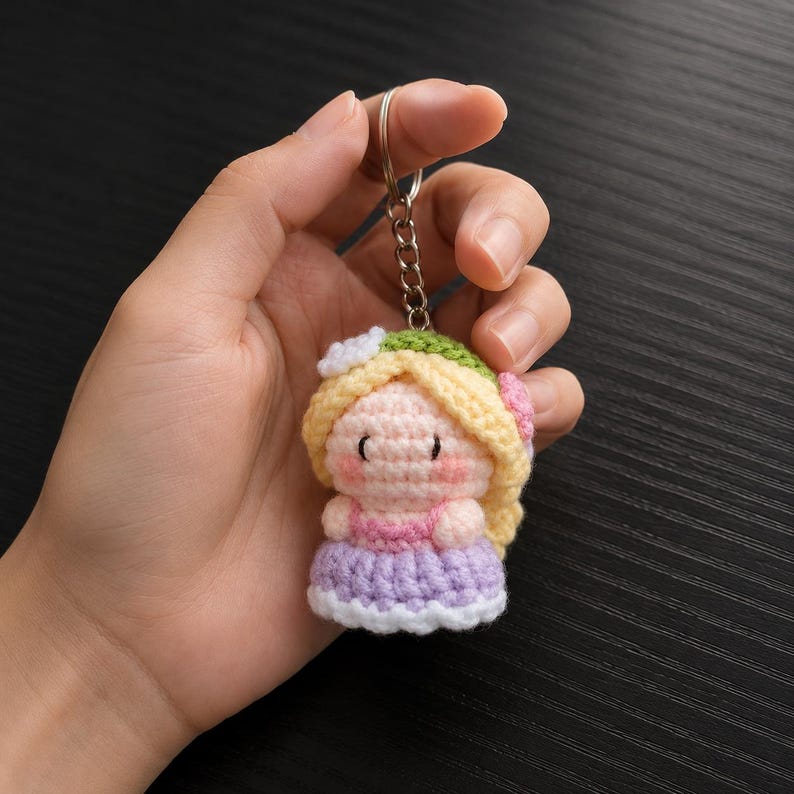 Yellow Dress Princess Crochet Keychain | Handmade Amigurumi Fairytale Brown Hair Princess, Enchanted Rose Girl, Cute Gift for Her