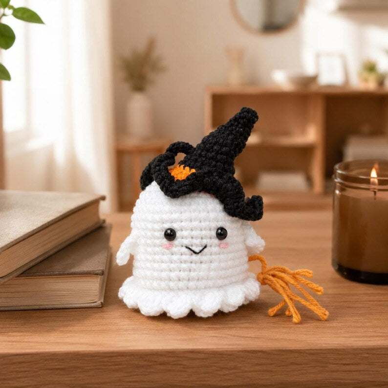 Halloween Ghost Crochet Charm | Little Witch Amigurumi Keychain | Cute Handmade Desk Decor Gift