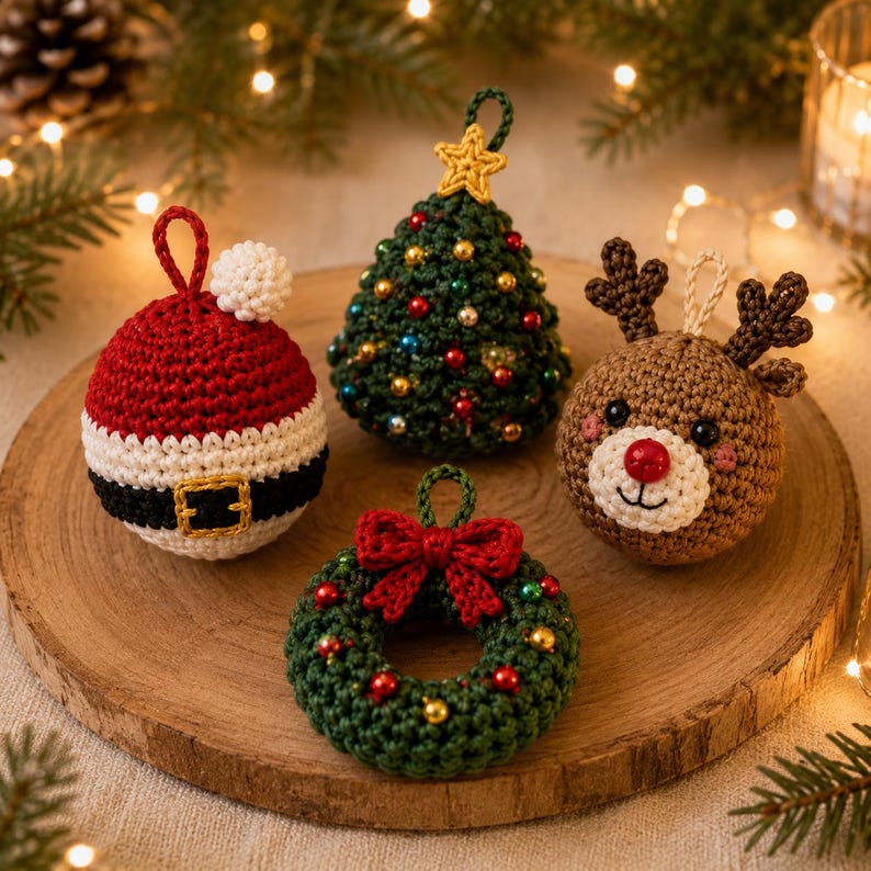 Handmade Crochet Christmas Ornaments, Amigurumi Tree Decor, Custom Holiday Baubles, Cute Snowman Reindeer Santa Stocking Stuffer Gift