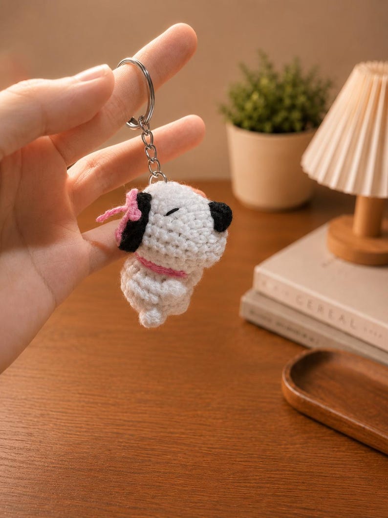 Crochet Beach Beagle Keychain, Amigurumi White Dog Plush, Coconut & Swim Float Bag Charm
