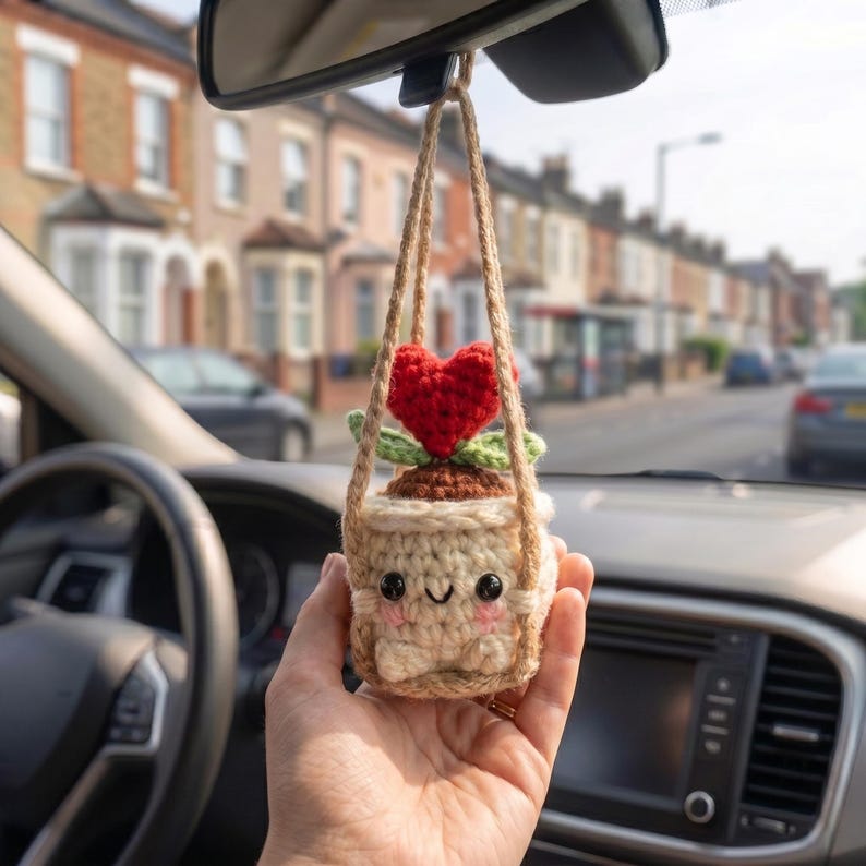 Handmade Crochet Car Mirror Charm, Cute Sprout Plant Hanging Decoration