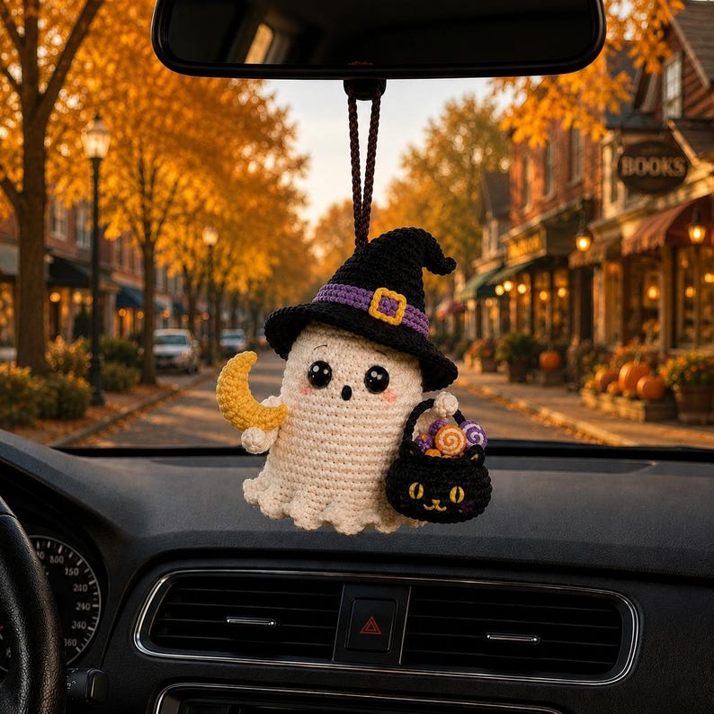 Crochet Halloween Ghost Car Charm, Cute Witch Ghost Keychain, Kawaii Spooky Ornament, Rearview Mirror Hanging Decor, Handmade Halloween Gift